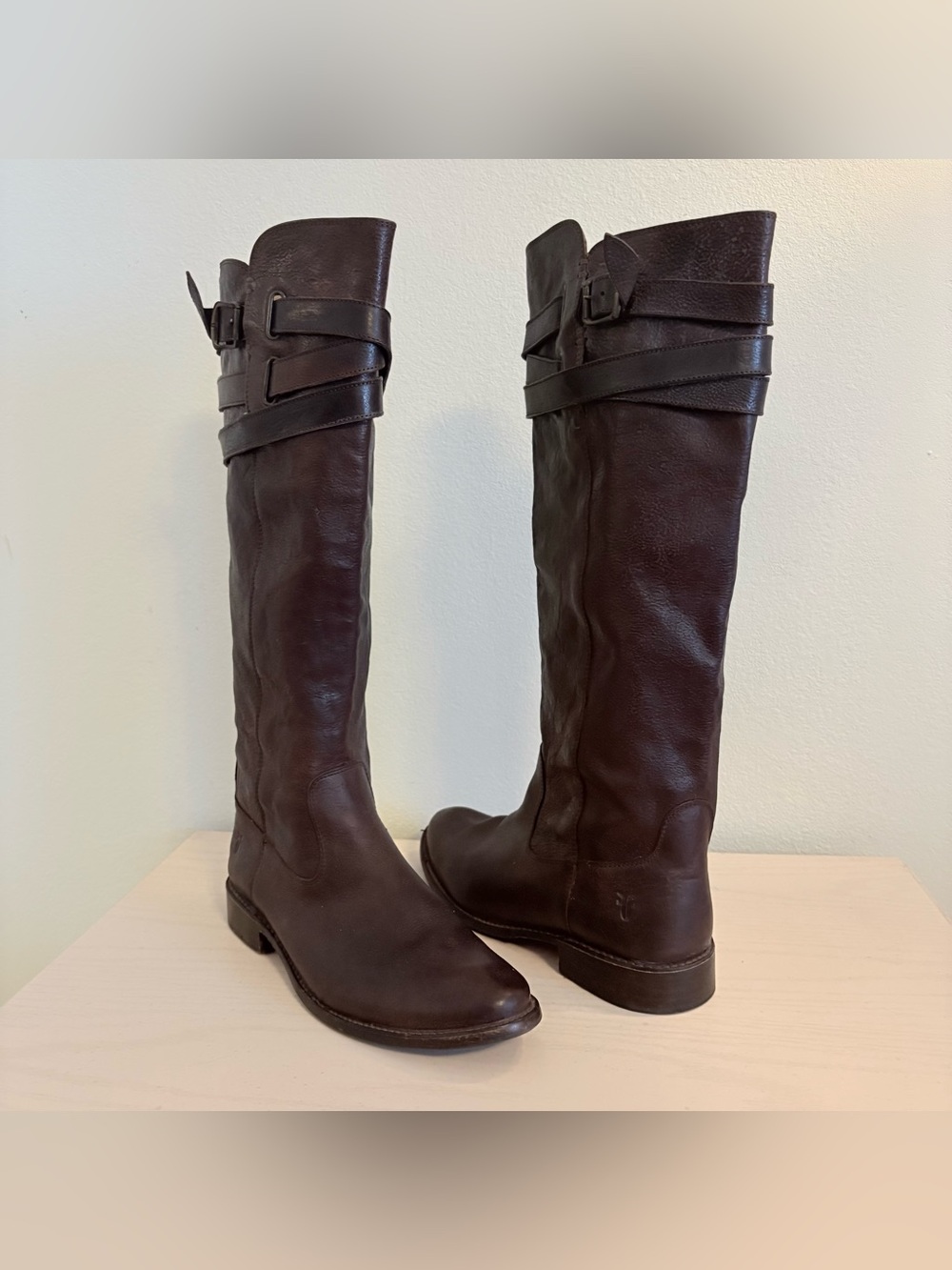 Frye Knee High Shirley Strappy Boot 77750‎ Womens size 9 B Dark Brown Leather